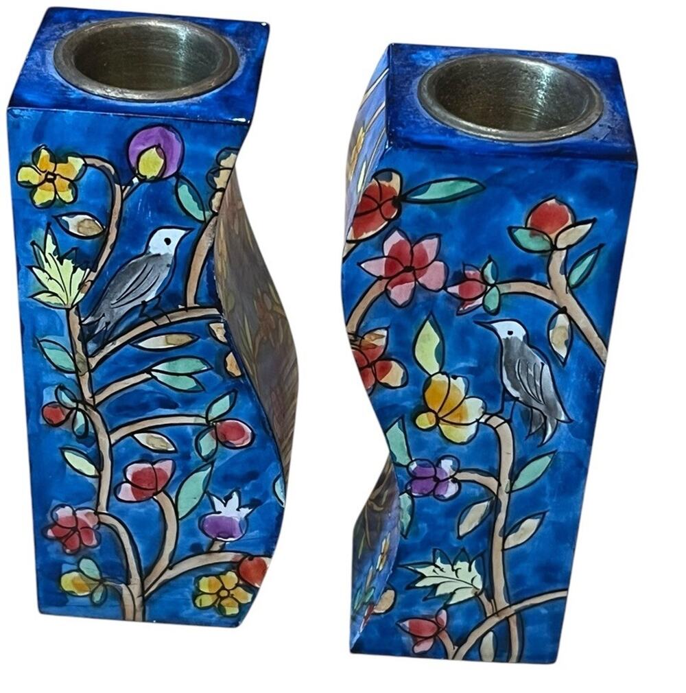 Yair Emanuel Fitted Shabbat Candlesticks Brass Lacquered Signed Flowers Birds 4”